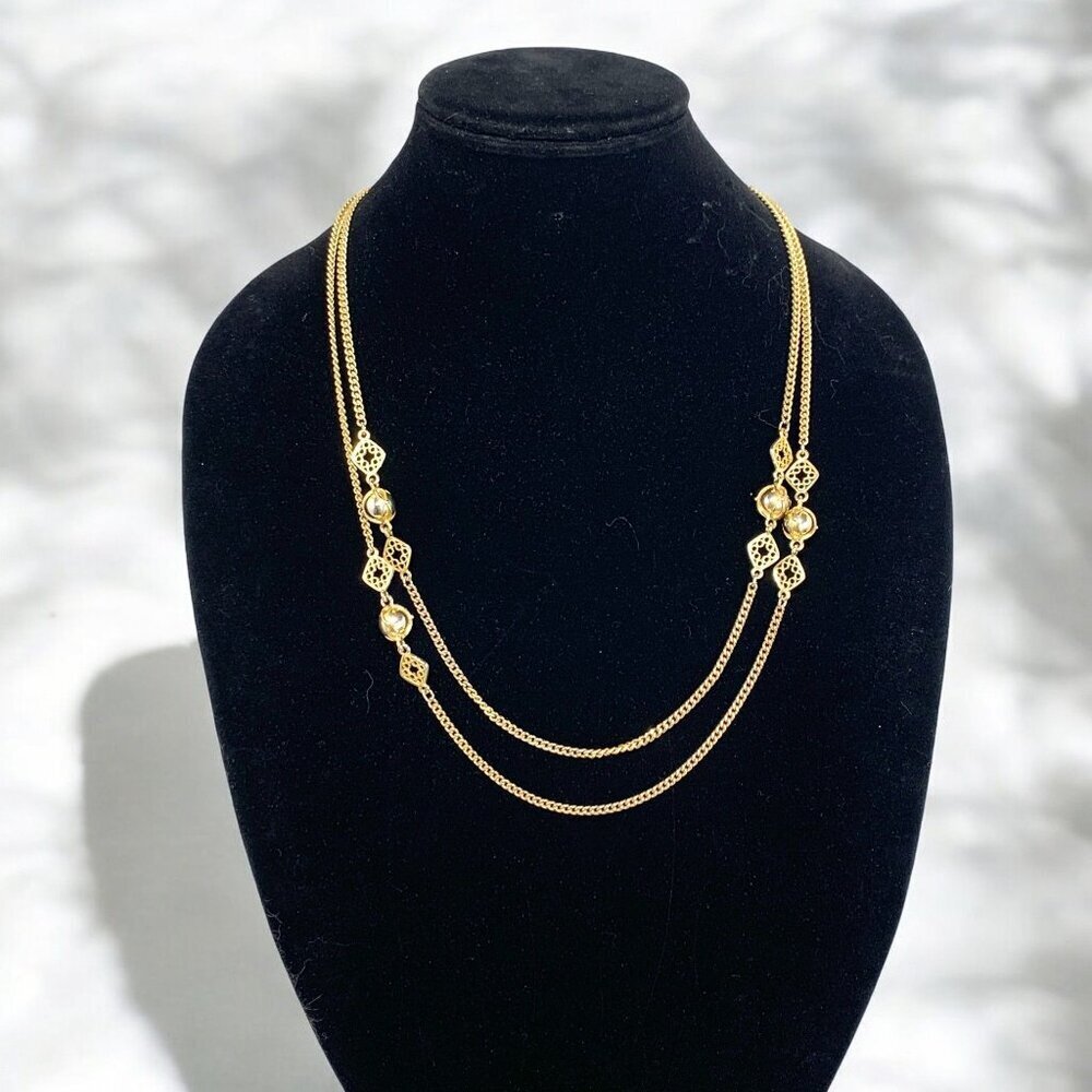 Gold-Tone Layered Necklace With Filigree & Clear Crystal Accents Extra Long 35"L